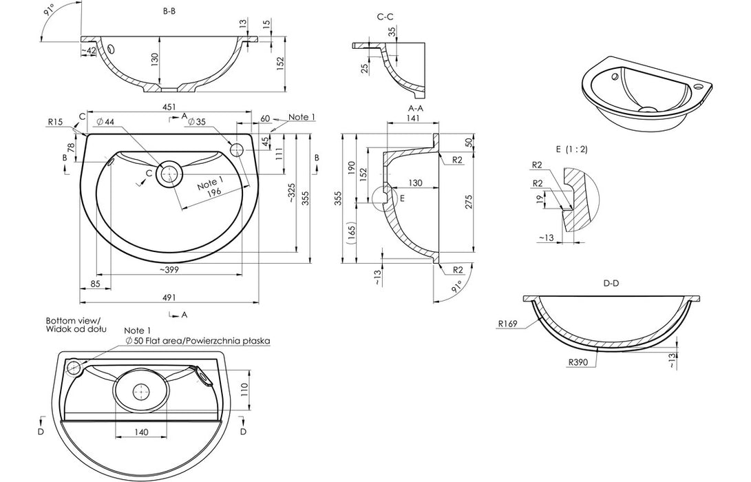 Space Saver 490x355mm 1TH Semi Recessed Basin