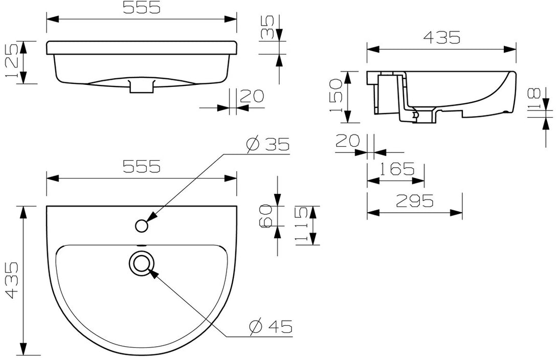 Silvain 555x435mm 1TH Semi Recessed Basin