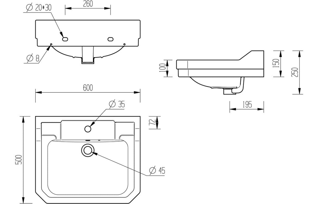 Sherlais 600x500mm Basin & Full Pedestal