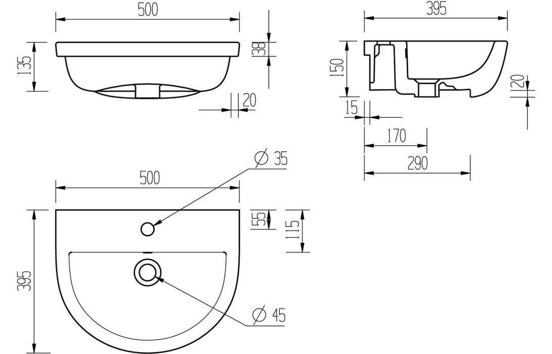Toscara 500x390mm 1TH Semi Recessed Basin