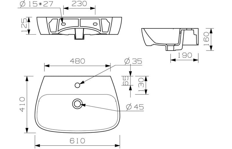 Amara 600x400mm 1TH Basin & Full Pedestal