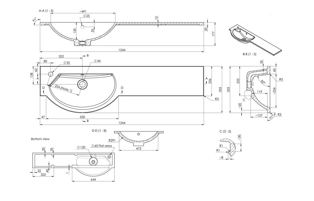 1244mm Slim Round One-Piece Basin & Overflow Ring - Left Hand