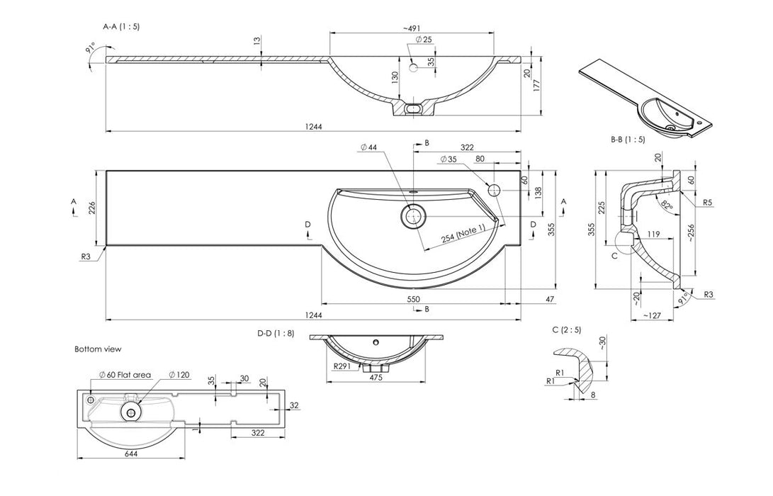 1244mm Slim Round One-Piece Basin & Overflow Ring - Right Hand