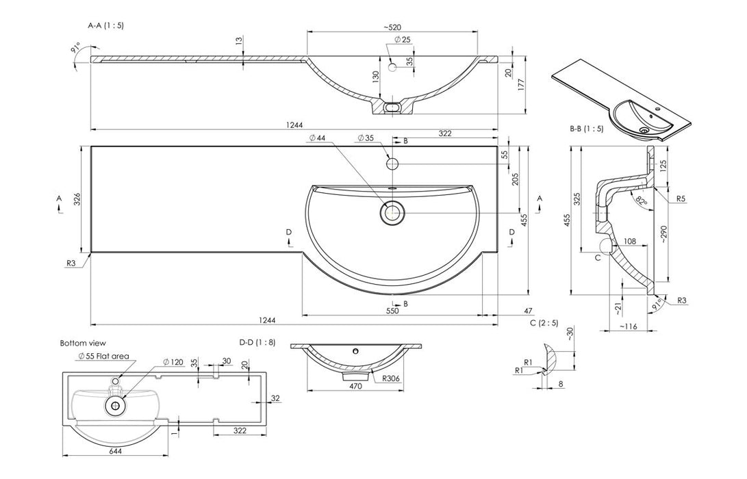 1244mm Standard Round One-Piece Basin & Overflow Ring - Right Hand