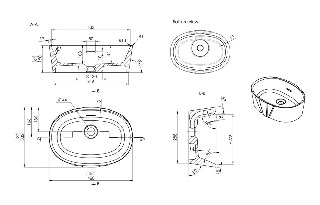 Delacroix 460x320mm Resin Washbowl - White