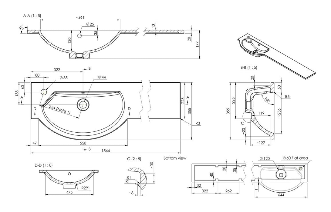 1544mm Slim Round One-Piece Basin & Overflow Ring - Left Hand