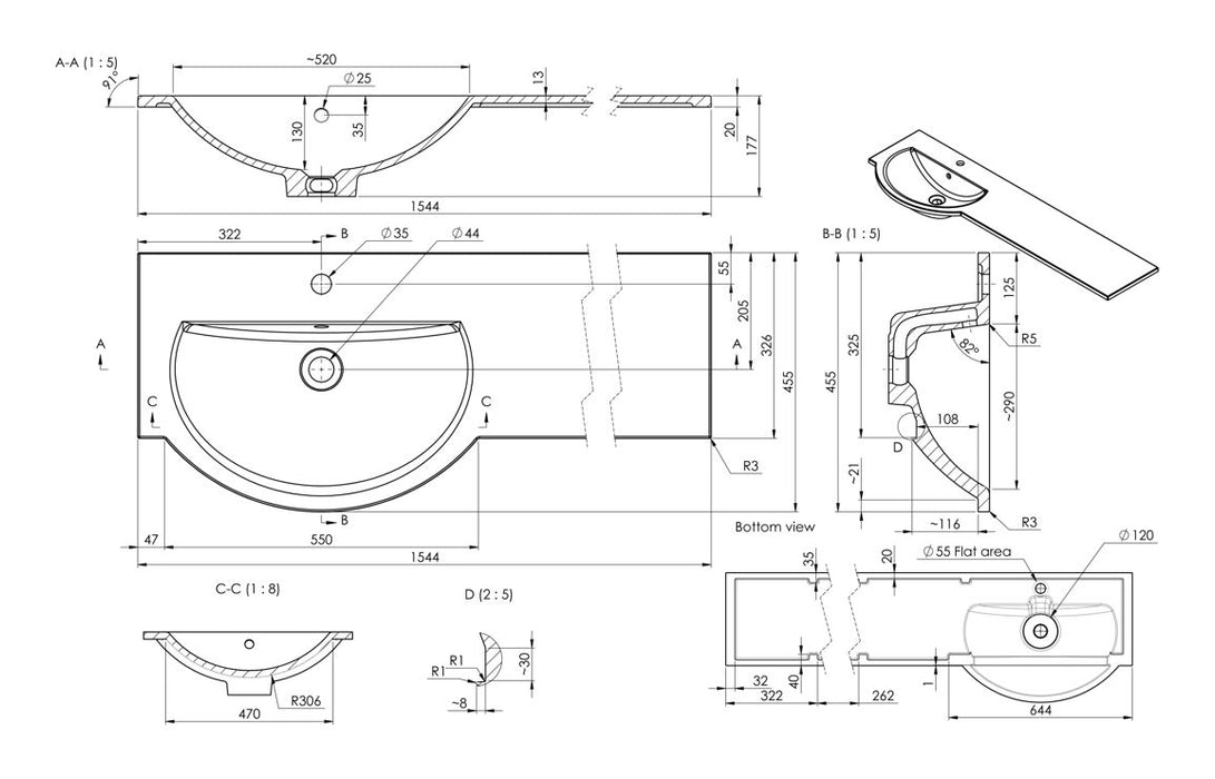 1544mm Standard Round One-Piece Basin & Overflow Ring - Left Hand
