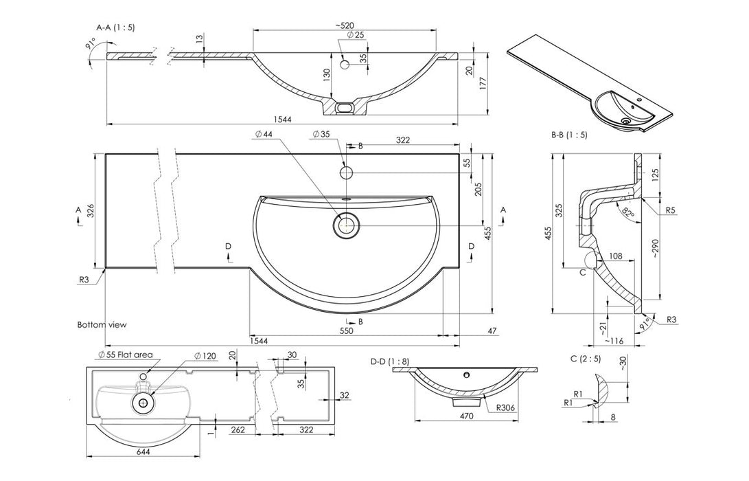 1544mm Standard Round One-Piece Basin & Overflow Ring - Right Hand