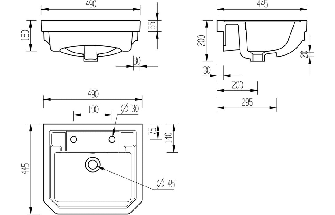 Sherlais 495x445mm 2TH Semi Recessed Basin