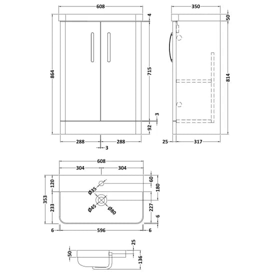 Arley Direction 600mm  2 Door Floor Standing Vanity Unit With Basin