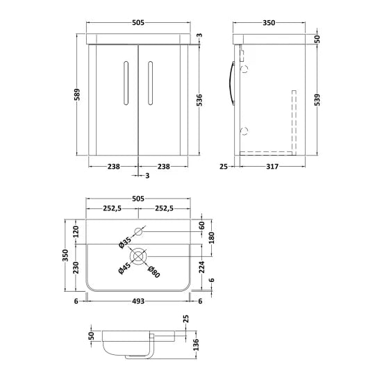 Arley Direction 500mm  2 Door Wall Hung Vanity Unit & Basin