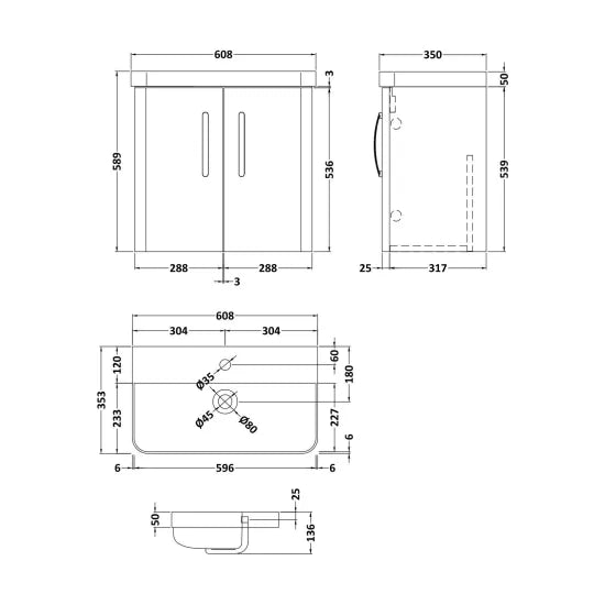 Arley Direction 600mm 2 Door Wall Hung Vanity Unit & Basin