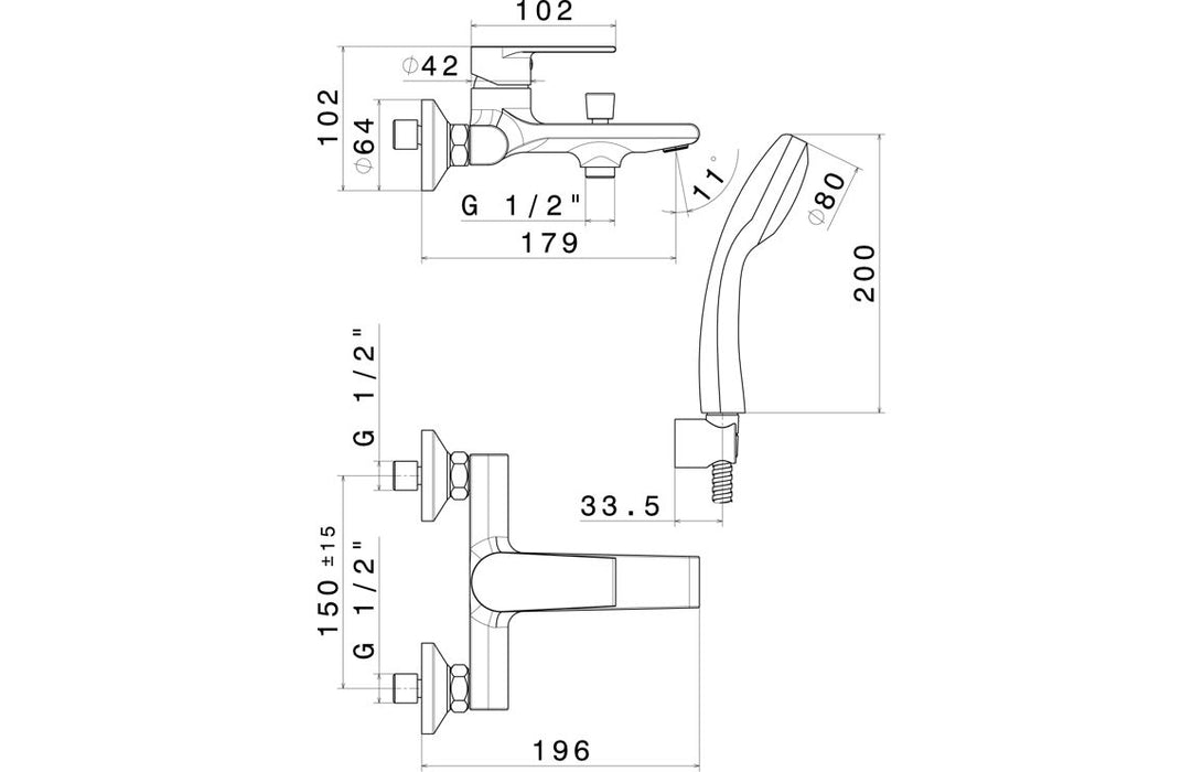 Vema Timea Wall Mounted Bath/Shower Mixer - Chrome