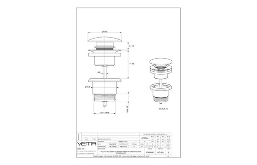 Vema Unslotted Push Button Waste - Chrome