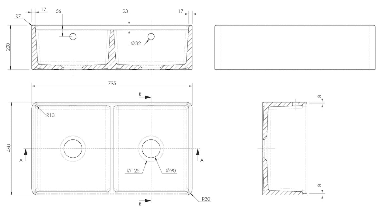 Double Bowl Butler Sink with Ledge, Grids & Chopping Board dimensions