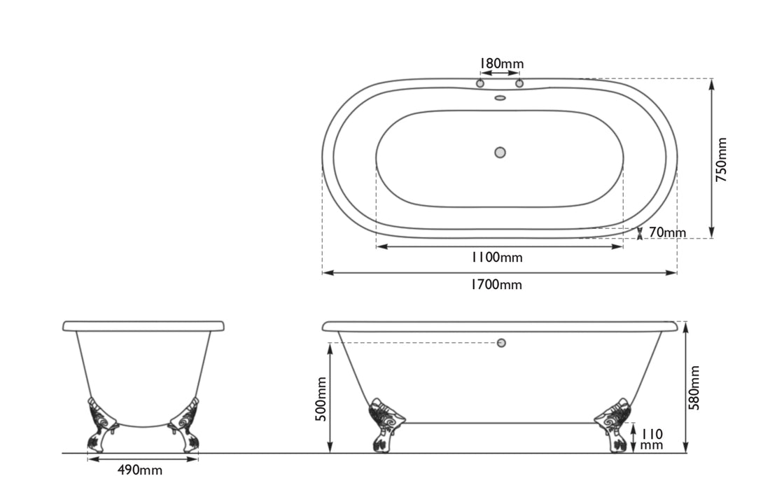 Hurlingham Dryden Freestanding Cast Iron Bath 1700 x 750mm