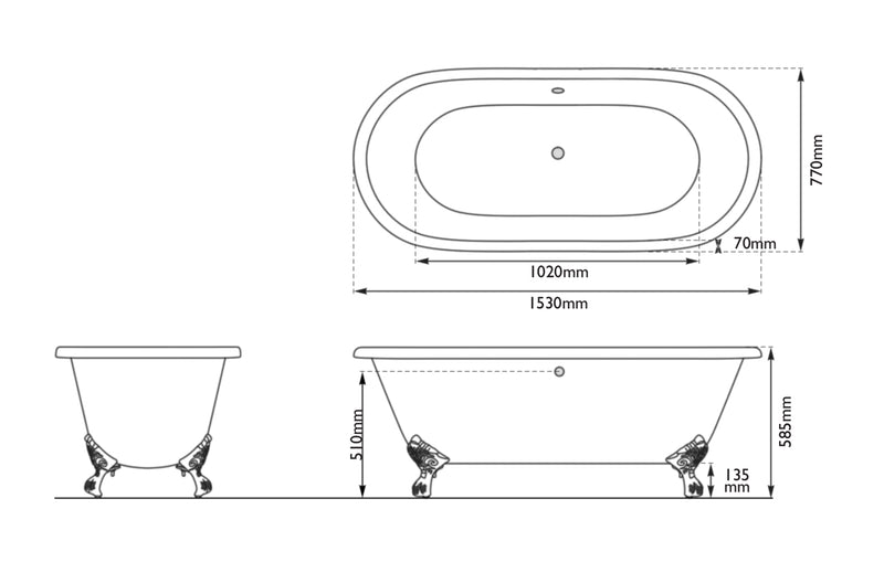 Hurlingham Dryden Small Freestanding Cast Iron Bath 1530 x 770mm