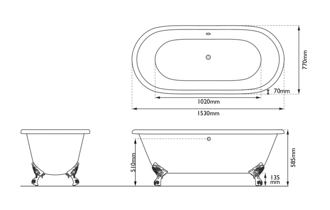 Hurlingham Dryden Small Freestanding Cast Iron Bath 1530 x 770mm