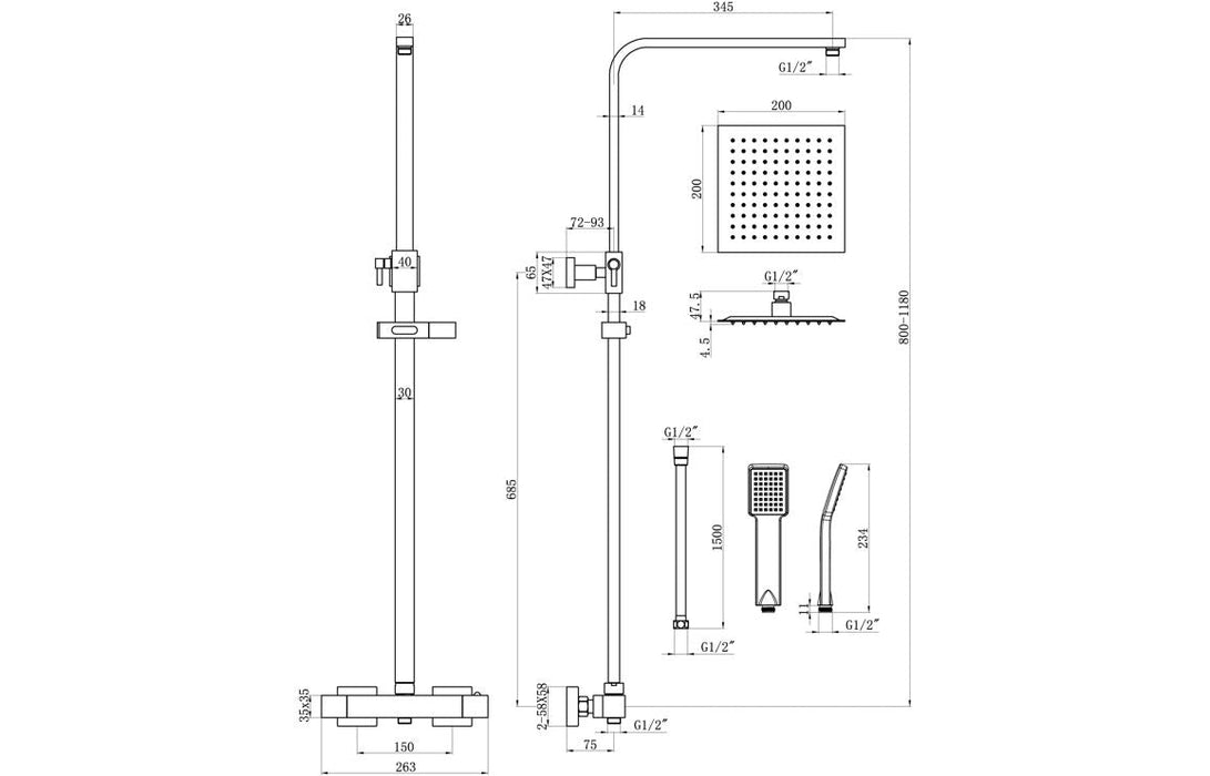 Eclipse Square Thermostatic Bar Mixer w/Riser Kit - Brushed Brass