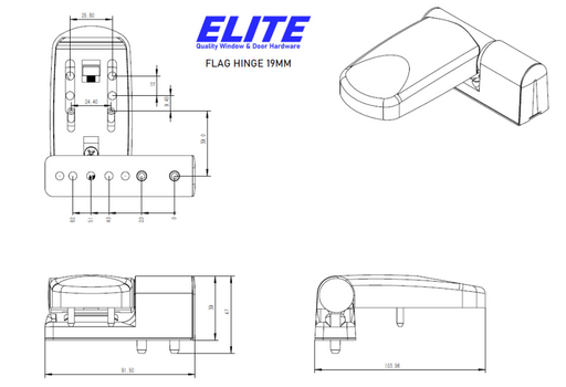 Elite White Flag Door Hinge 19mm - Technical Drawing
