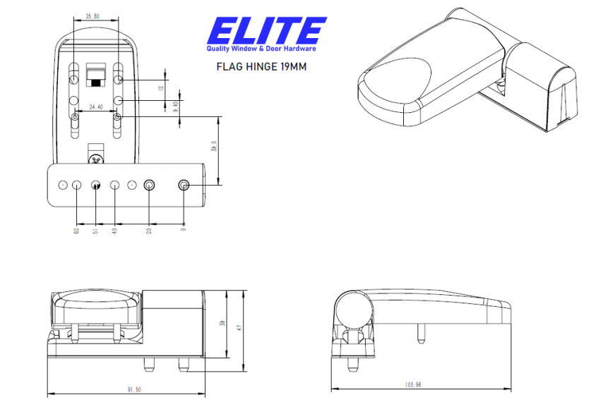Elite White Flag Door Hinge 19mm - Technical Drawing