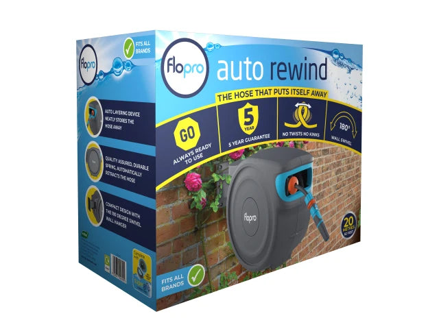 Auto Rewind Wall Mounted Reel + 20m of Hose