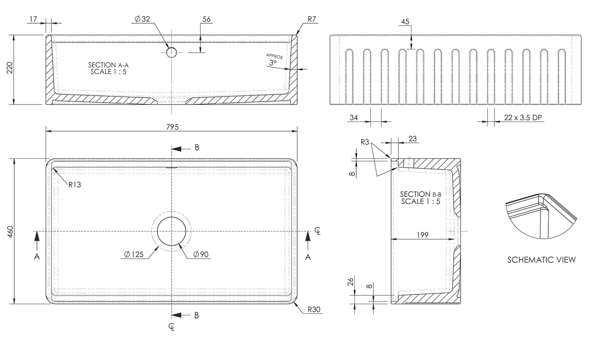 Fluted Butler Sink with Ledge, Grid & Chopping Board dimensions