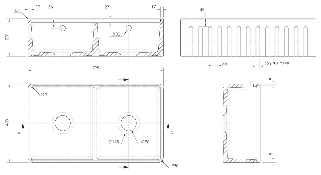 Fluted Double Bowl Butler Sink with Ledge, Grids & Chopping Board dimensions
