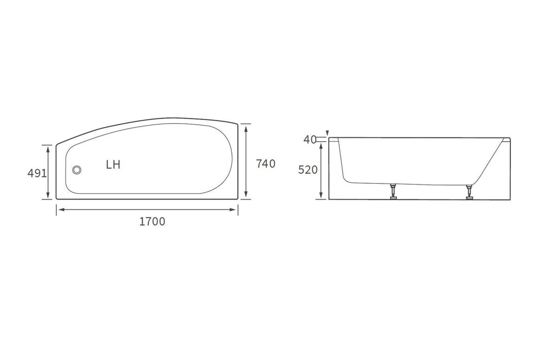 Fortuna Space Saving 1700x740x560mm 0TH Bath w/Legs