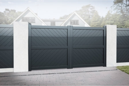 Driveway Gate - Cambridge Double Swing Flat Top - Diagonal Solid Infill - Grey