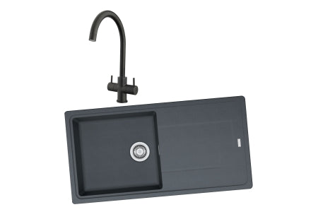 Franke Titan 1 Bowl Inset Graphite Grey Composite Kitchen SINK, Chantilly Sink Mixer Matt Black Tap and Basket Strainer Waste