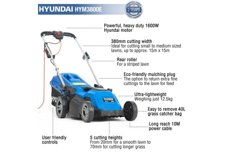 Hyundai 1600W/230V Electric Mulching Lawnmower - HYM3800E