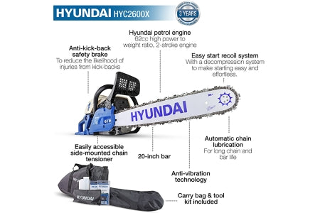 Hyundai 62cc 20" Petrol Chainsaw, 2-Stroke Easy-Start HYC6200X