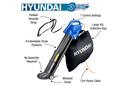 Hyundai 3-in-1 Electric Garden Vacuum, Leaf Blower & Mulcher