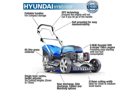 Hyundai 20"/51cm 196cc Petrol Self-Propelled Lawnmower - HYM510SP