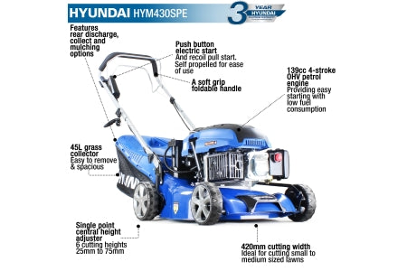 Hyundai 17"/42cm 139cc Electric-Start Self-Propelled Petrol Lawnmower HYM430SPE