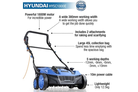 Hyundai 1800W Electric Lawn Scarifier / Aerator / Lawn Rake, 230V - HYSC1800E