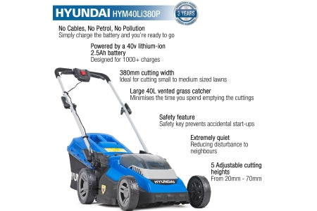 Hyundai 40v 36cm Cordless Roller Lawnmower - HYM40LI380P