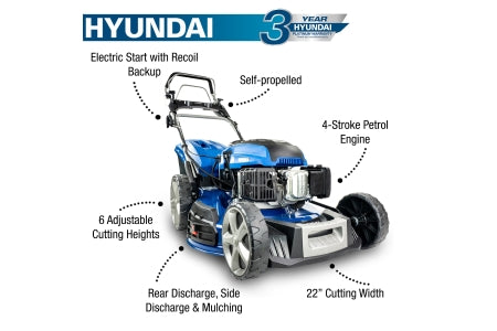 Hyundai  56cm 196cc 4-in-1 Electric-Start Self-Propelled Petrol Lawnmower - HYM560SPE