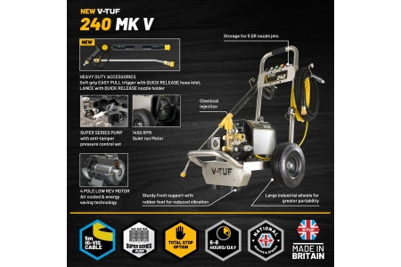 V-TUF 240T - 240V Compact, Industrial, Mobile Electric Pressure Washer - 1450psi, 100Bar, 12L/min