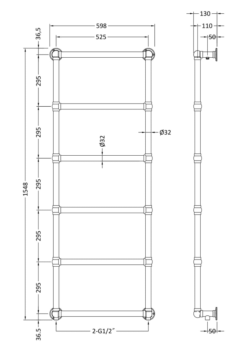 Old London Chrome 1548mm x 598mm Heated Towels Rails Horizontal Single Panel Radiator