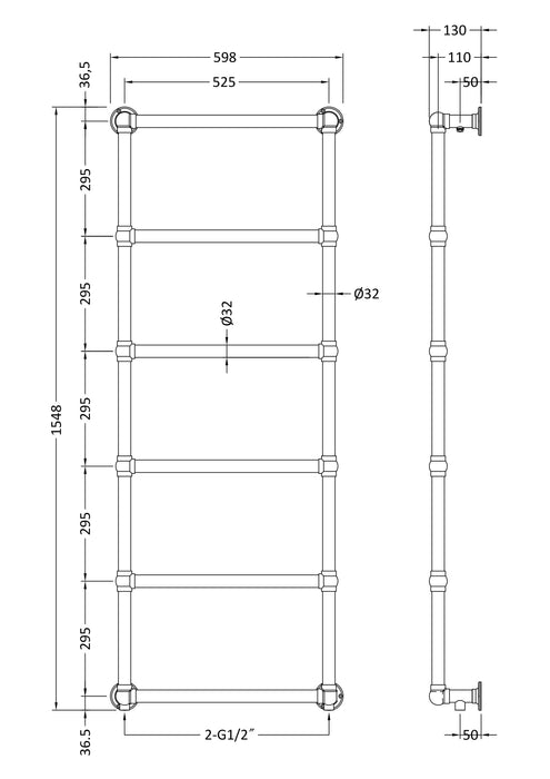 Old London Chrome 1548mm x 598mm Heated Towels Rails Horizontal Single Panel Radiator