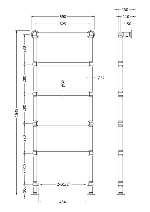 Old London Chrome 1549mm x 598mm Heated Towels Rails Horizontal Heated Towel Rail