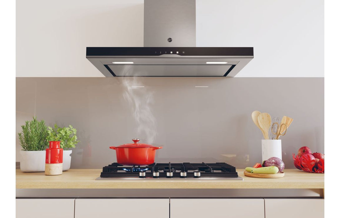 Hoover H500 HTS9CBK5XWIFI 90cm T-Shape Chimney Hood - Black Glass & St/Steel