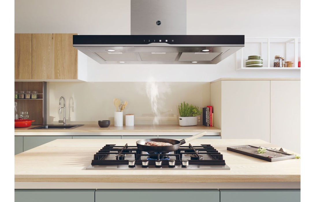 Hoover H500 HTSI9CBK5XWIFI 90cm T-Shape Island Hood - Black Glass & St/Steel