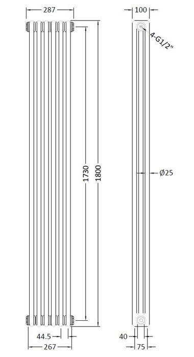 Colosseum White 1800mm x 287mm Vertical Column Radiator
