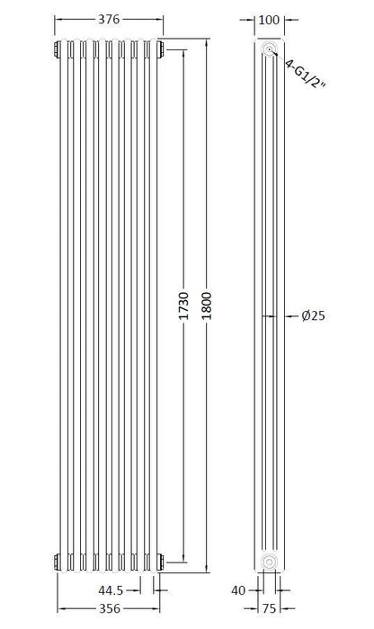 Colosseum White 1800mm x 376mm Vertical Column Radiator
