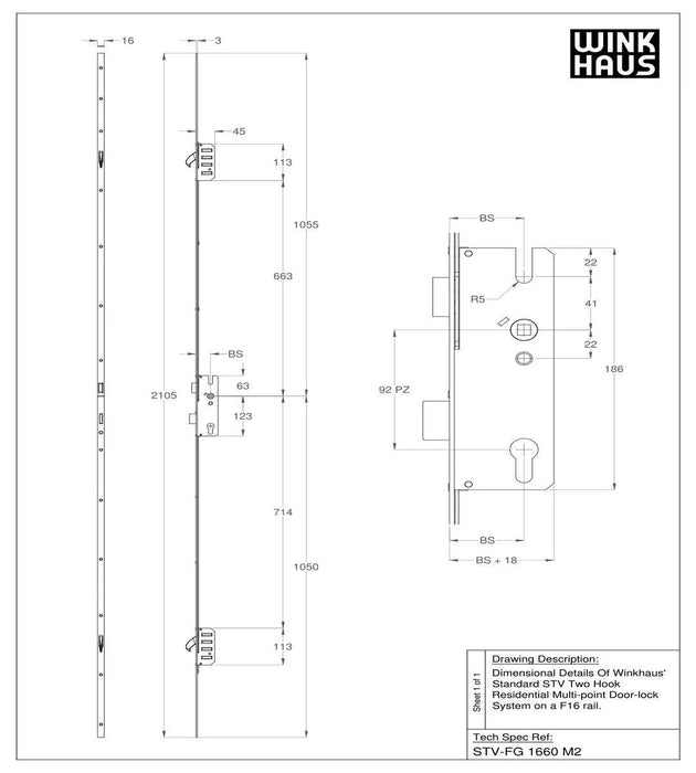 Winkhaus 35/92 Stv Cobra 2 Hook 16mm Faceplate (2867927) (Hook To Hook 1485)