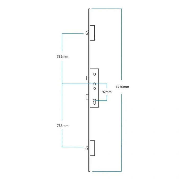 Winkhaus 2 Hook Door Lock 45mm Backset 20mm Faceplate Radius Ends