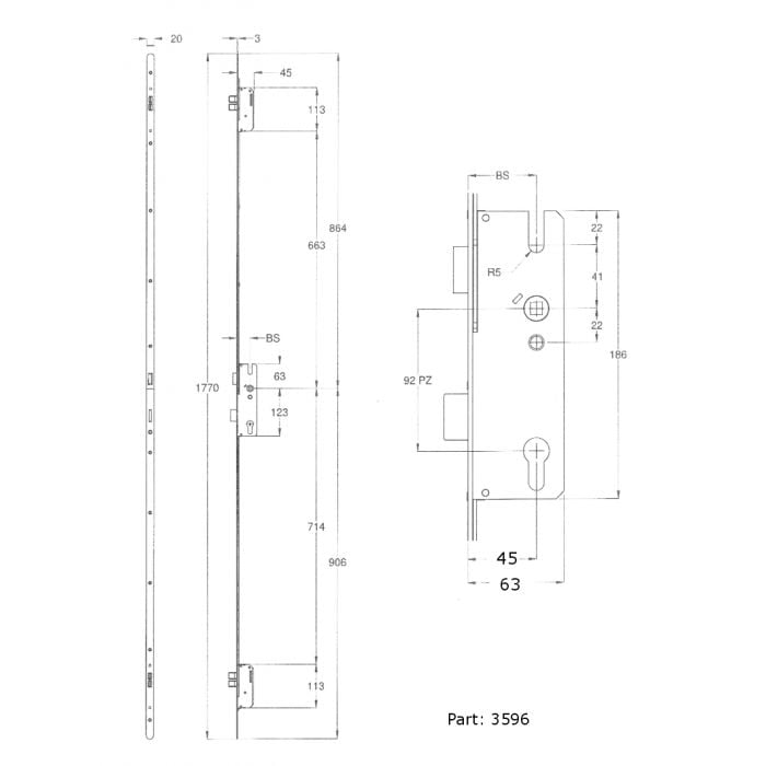 Winkhaus 45/92 Stv-ThunderBolt Latch/DeadBolt 5 DeadBolt 16MM Face Plate